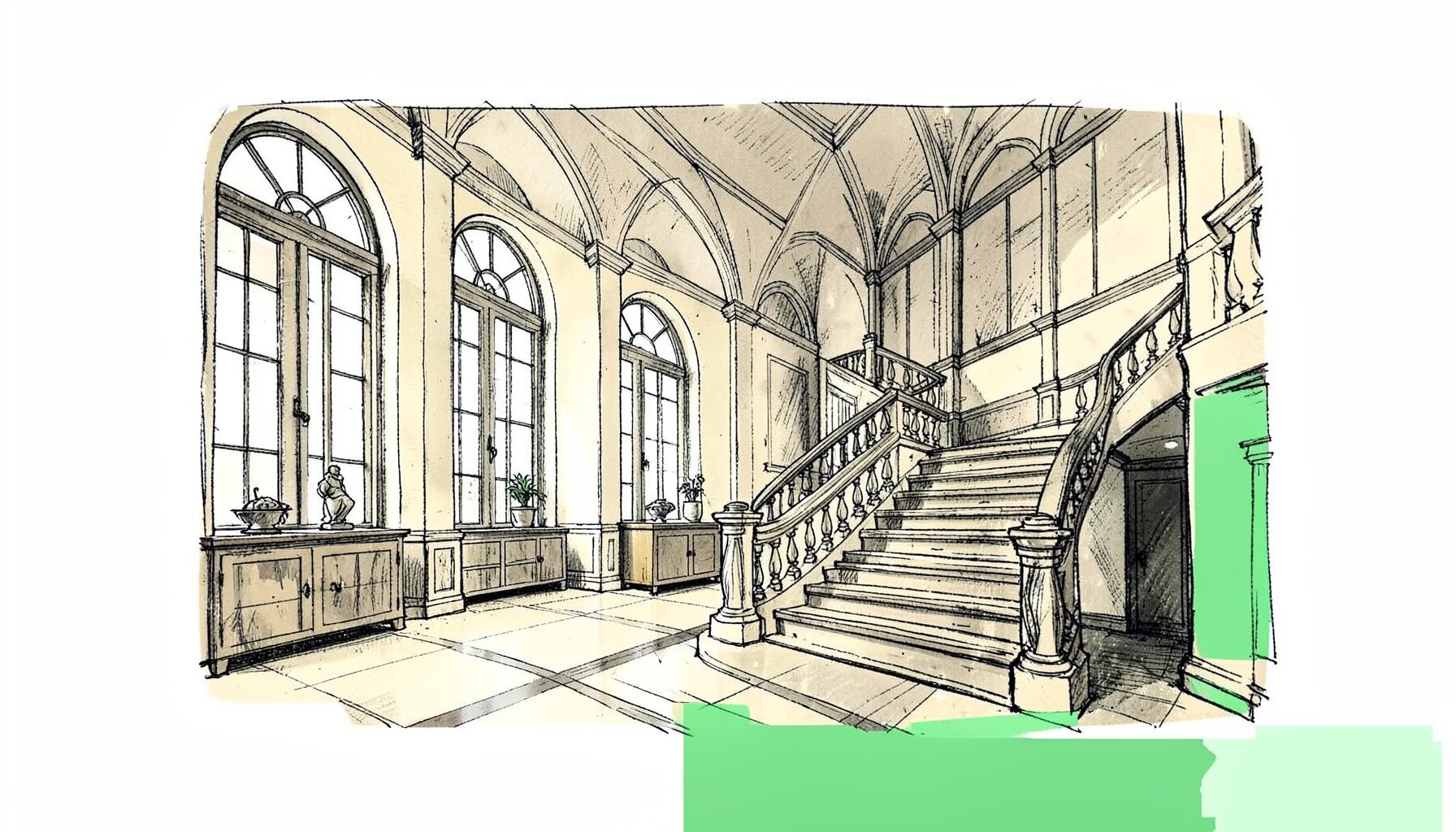 Hand-drawn ink illustration of a grand showroom interior with tall arched windows, elegant display vignettes, and a sweeping staircase, rendered in deep charcoal and warm cream tones.