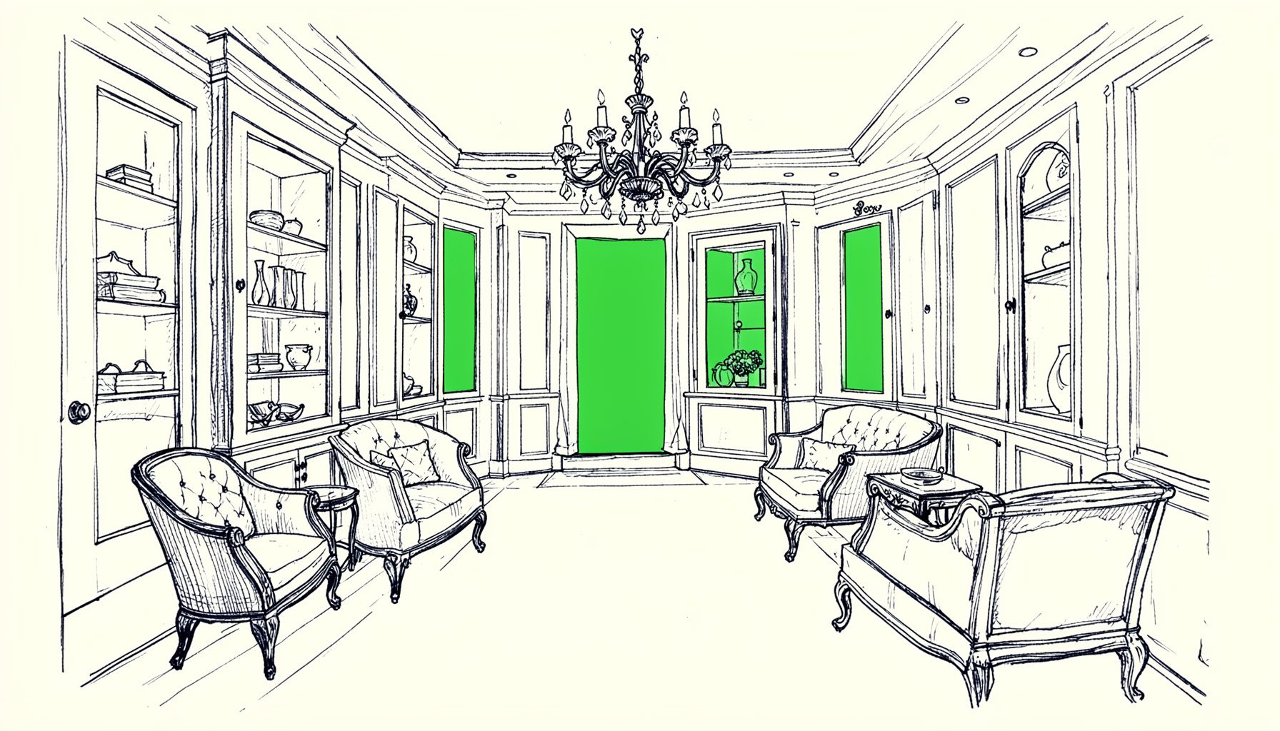 A hand-drawn ink illustration of an elegant showroom interior with tall display cabinets, a chandelier, and upholstered furniture arranged in a welcoming layout, rendered in deep charcoal lines on cream paper.