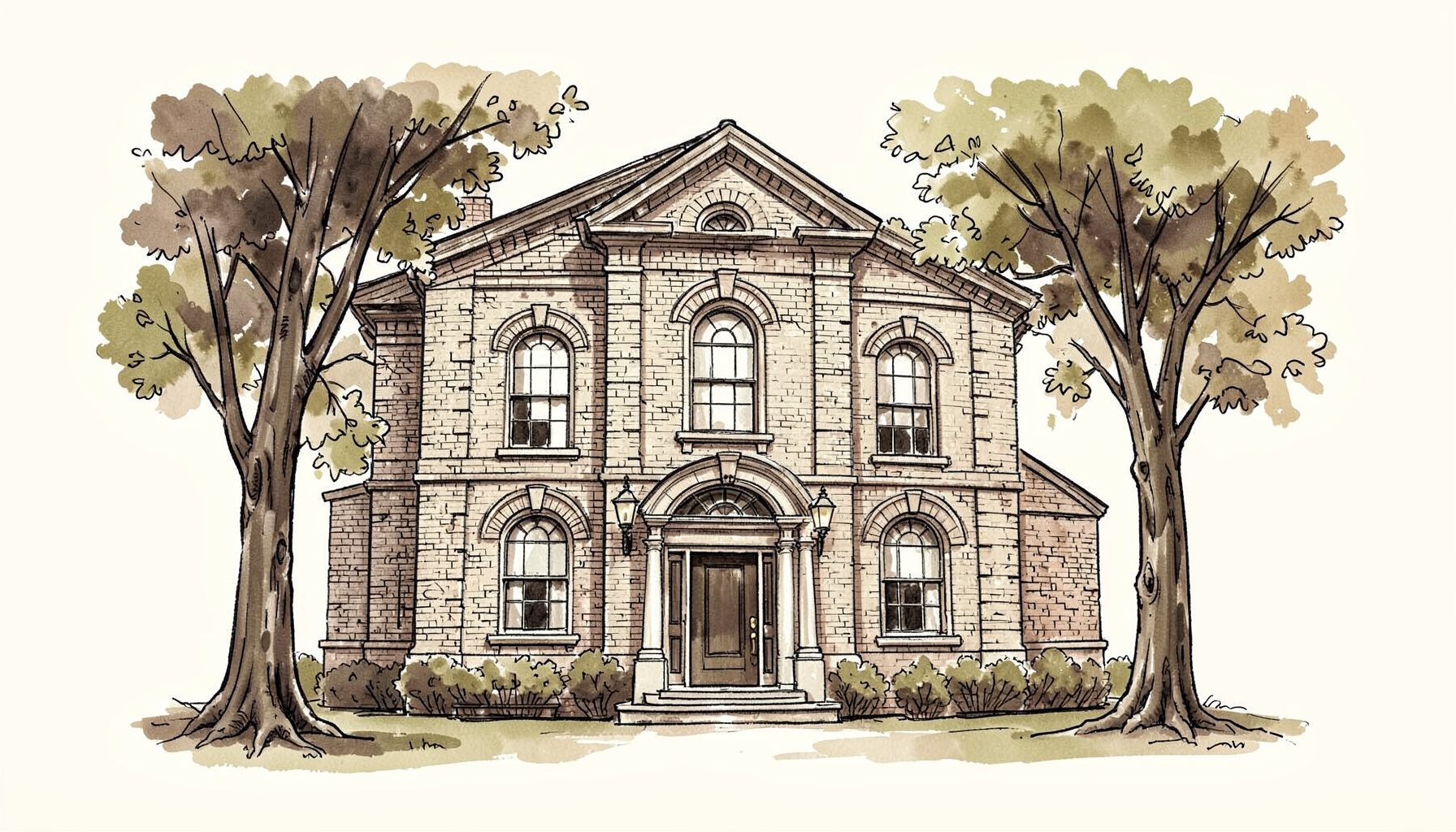 Hand-drawn ink illustration of a stately brick building facade with tall arched windows and a welcoming entrance, framed by mature trees, rendered in warm charcoal and sepia tones against a soft cream background.